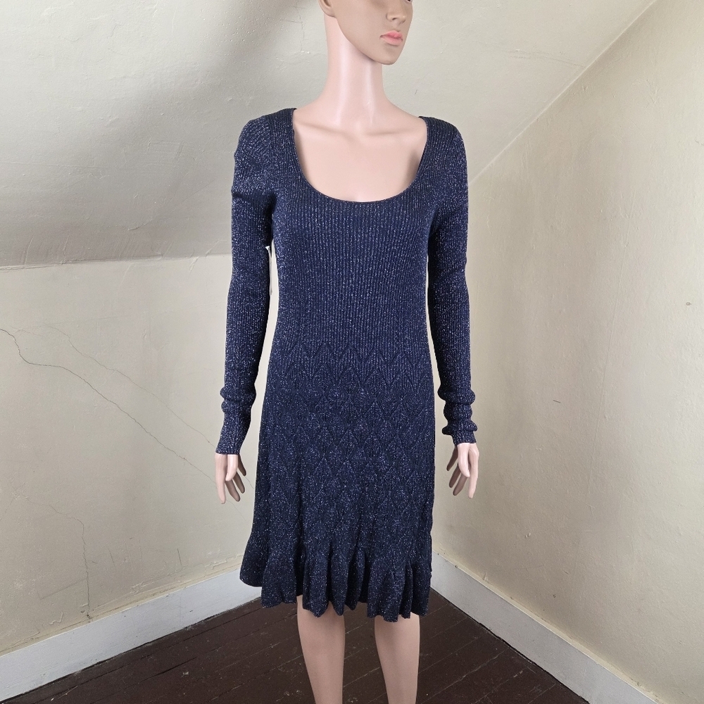 Diane von Furstenberg Knit Dress M Navy Metallic Ribbed Fit Flare NWT
